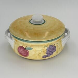 Vintage Caleca Italy Frutta Covered Casserole Dish Hand Painted Yellow 1.5 Qt